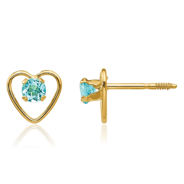 14K Solid Yellow Gold 3mm Sky Blue Topaz Heart Stud Earrings December Birthstone Jewelry