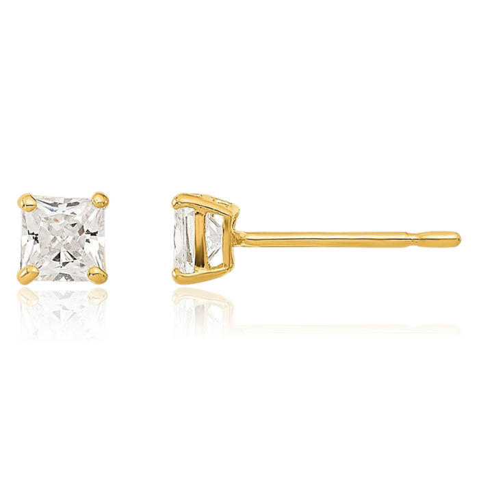 14K Solid Yellow Gold 3mm Square Cubic Zirconia CZ Stud Earrings