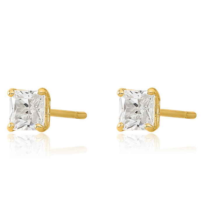 14K Solid Yellow Gold 3mm Square Cubic Zirconia CZ Stud Earrings