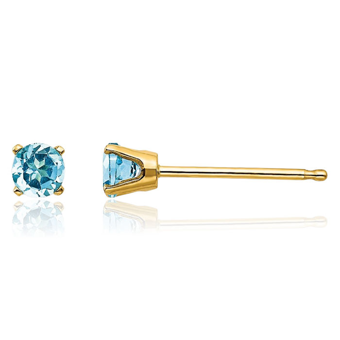 14K Solid Yellow Gold 3mm Swiss Blue Topaz Studs Gemstone Solitaire Earrings December Birthstone Jewelry