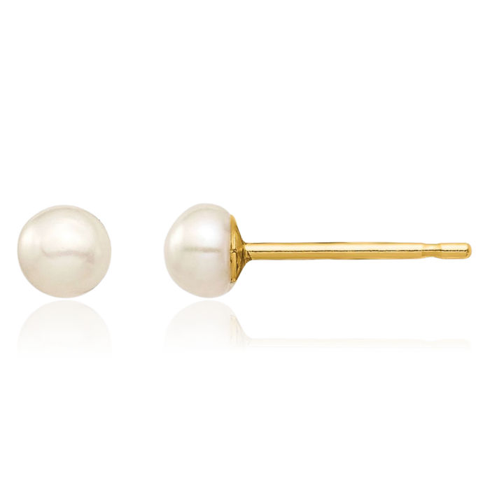 14K Solid Yellow Gold 3mm White Button Freshwater Cultured Pearl Stud Earrings Silicone Backs