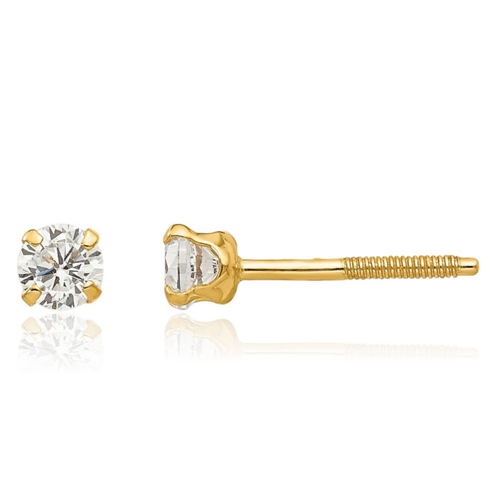 14K Solid Yellow Gold 3mm White Cubic Zirconia CZ Studs Gemstone Earrings April Birthstone Jewelry