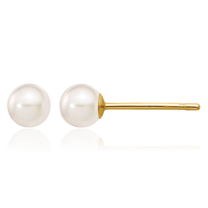 14K Solid Yellow Gold 3mm White Round Akoya Saltwater Cultured Pearl Stud Earrings