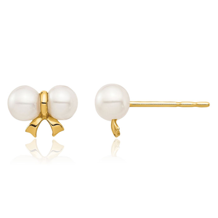 14K Solid Yellow Gold 3mm White Round Freshwater Cultured Pearl Bow Stud Earrings