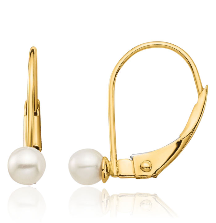14K Solid Yellow Gold 3mm White Round Freshwater Cultured Pearl Drop Dangle Earrings