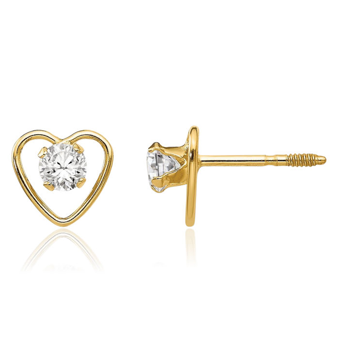 14K Solid Yellow Gold 3mm White Topaz Heart Stud Earrings April Birthstone Jewelry