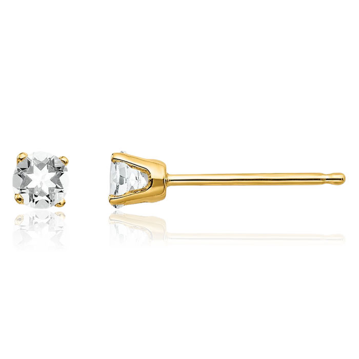 14K Solid Yellow Gold 3mm White Topaz Studs Gemstone Solitaire Earrings April Birthstone Jewelry