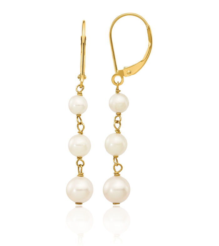 14K Solid Yellow Gold 4 6mm White Round Freshwater Cultured Pearl Drop Dangle Earrings