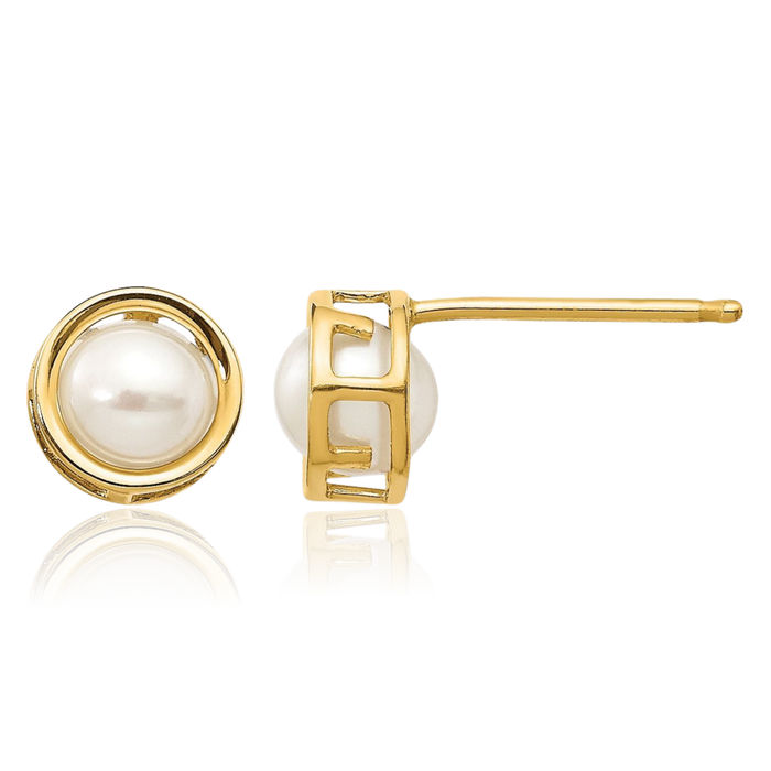 14K Solid Yellow Gold 4.5mm Freshwater Cultured Pearl Studs Gemstone Solitaire Earrings June Birthstone Jewelry