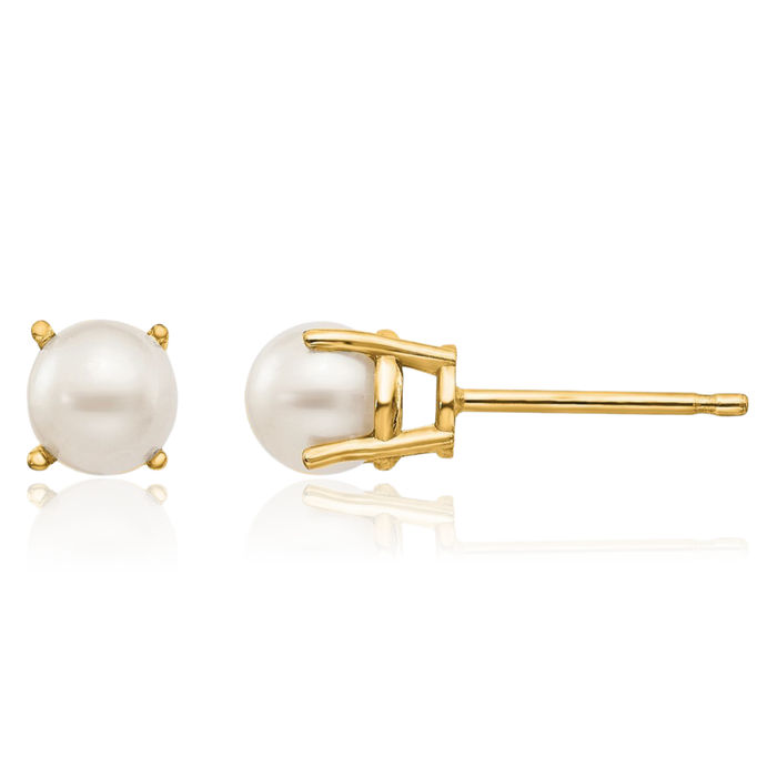 14K Solid Yellow Gold 4.5mm Round Freshwater Cultured Pearl Studs Gemstone Solitaire Earrings June Birthstone Jewelry