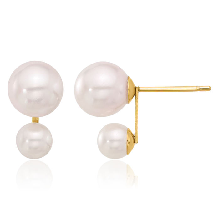 14K Solid Yellow Gold 4mm 6mm White Round Akoya Saltwater Cultured Pearl Stud Earrings