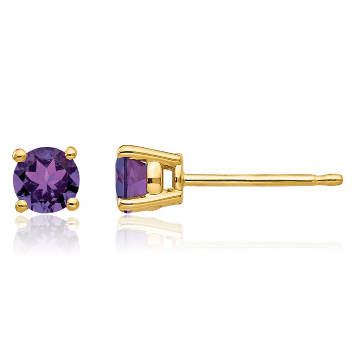 14K Solid Yellow Gold 4mm Purple Amethyst Studs Gemstone Solitaire Earrings February Birthstone Jewelry