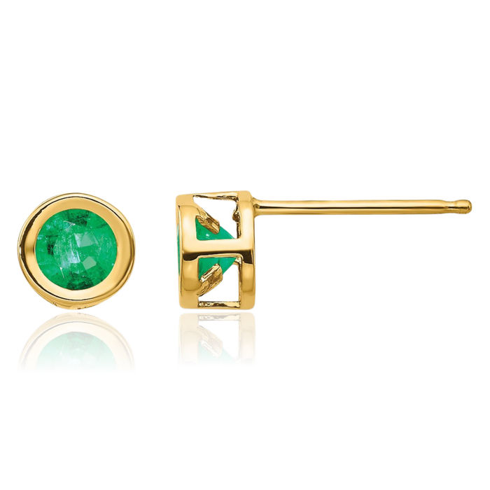 14K Solid Yellow Gold 4mm Green Emerald Studs Gemstone Solitaire Earrings May Birthstone Jewelry