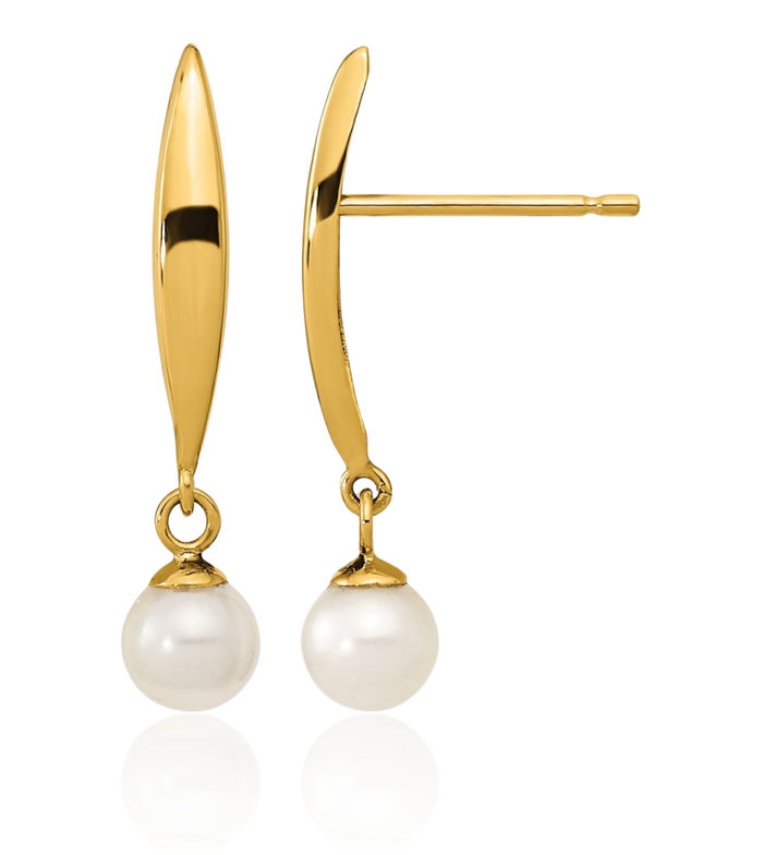 14K Solid Yellow Gold 4mm Freshwater Cultured Pearl Line Bar Drop Dangle Earrings