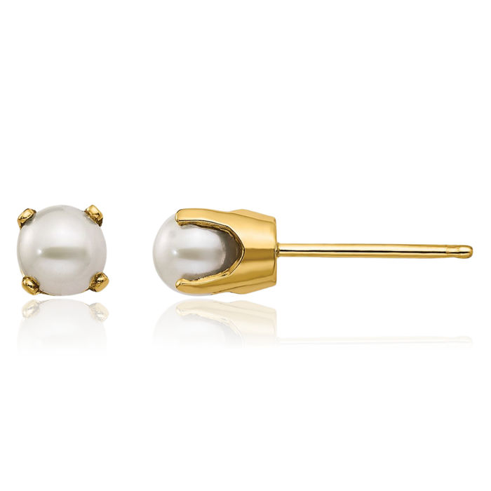 14K Solid Yellow Gold 4mm Freshwater Cultured Pearl Studs Gemstone Solitaire Earrings June Birthstone Jewelry