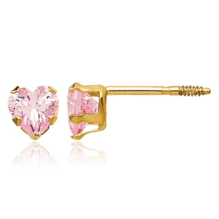 14K Solid Yellow Gold 4mm Pink Cubic Zirconia CZ Heart Stud Earrings