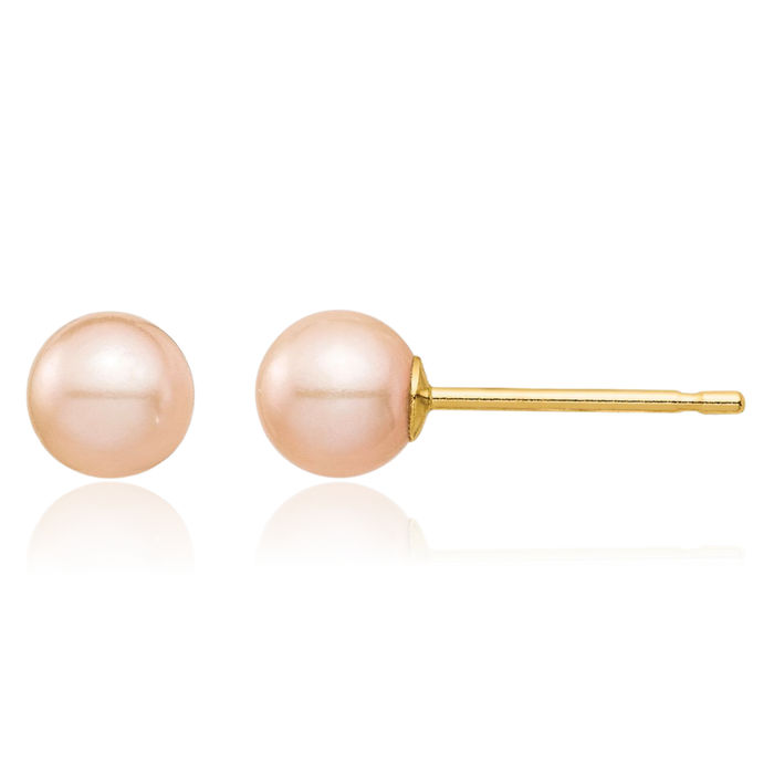 14K Solid Yellow Gold 4mm Pink Round Freshwater Cultured Pearl Stud Earrings Silicone Backs