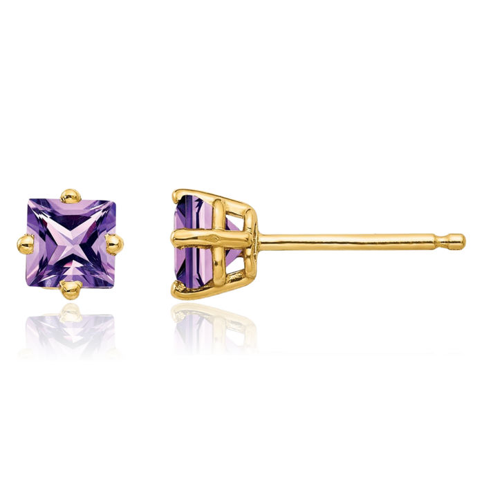 14K Solid Yellow Gold 4mm Princess-Cut Square Purple Amethyst Studs Gemstone Solitaire Earrings February Birthstone Jewelry