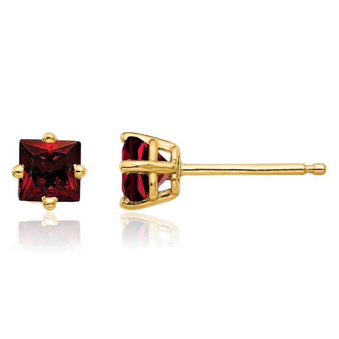 14K Solid Yellow Gold 4mm Princess-Cut Square Red Garnet Studs Gemstone Solitaire Earrings January Birthstone Jewelry