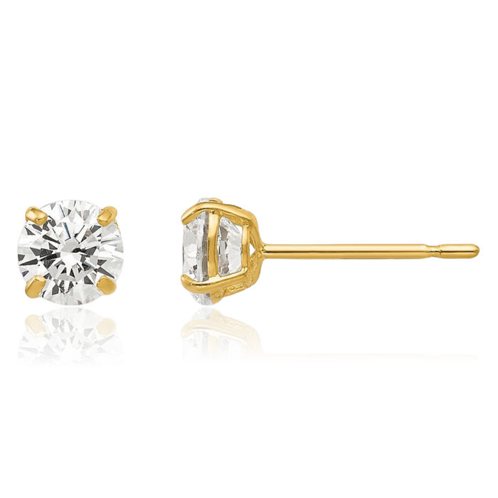 14K Solid Yellow Gold 4mm Round Cubic Zirconia CZ Stud Earrings