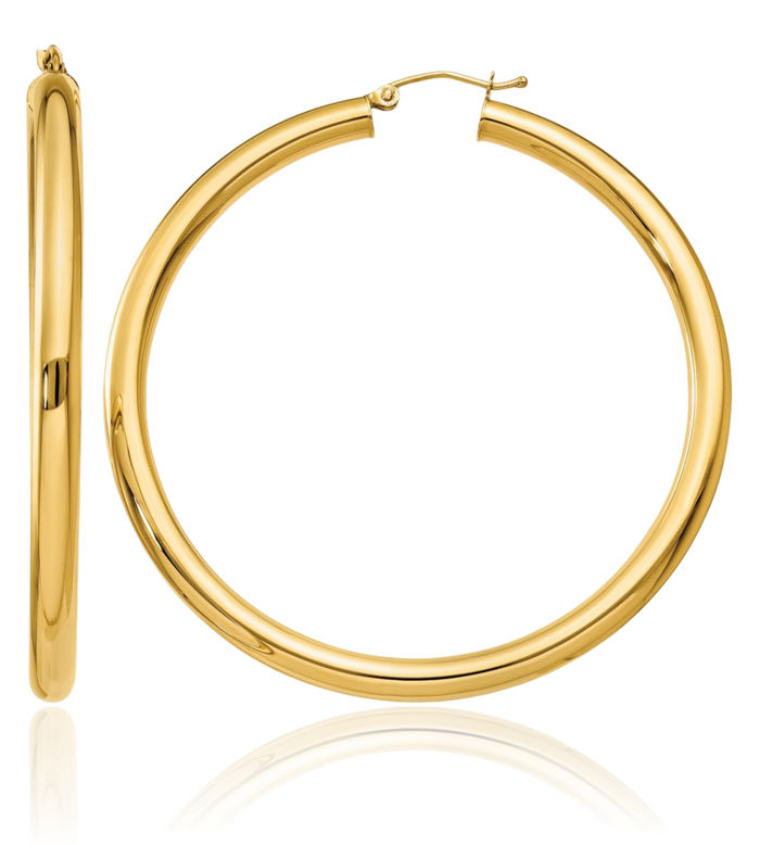 14K Solid Yellow Gold 4mm Tube Round Extra Large Hoop Earrings