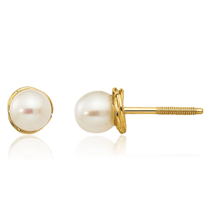 14K Solid Yellow Gold 4mm Round Freshwater Cultured Pearl Twisted Love Knot Symbol Stud Earrings