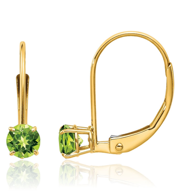 14K Solid Yellow Gold 4mm Round Green Peridot Drop Dangle Earrings August Birthstone Jewelry