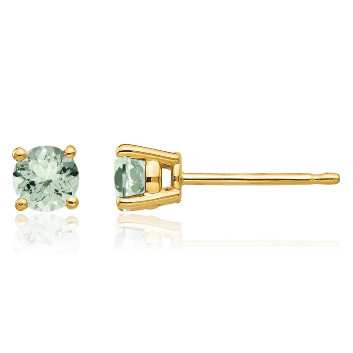 14K Solid Yellow Gold 4mm Round Green Quartz Studs Gemstone Solitaire Earrings August Birthstone Jewelry
