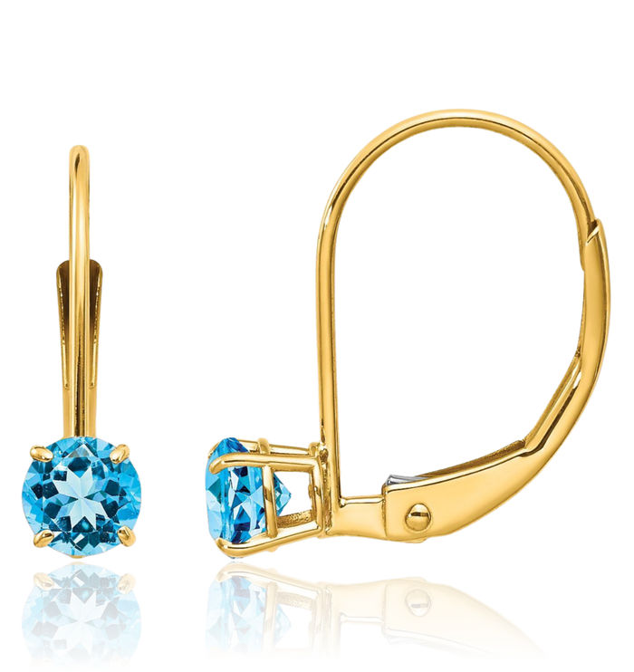 14K Solid Yellow Gold 4mm Round Swiss Blue Topaz Drop Dangle Earrings December Birthstone Jewelry