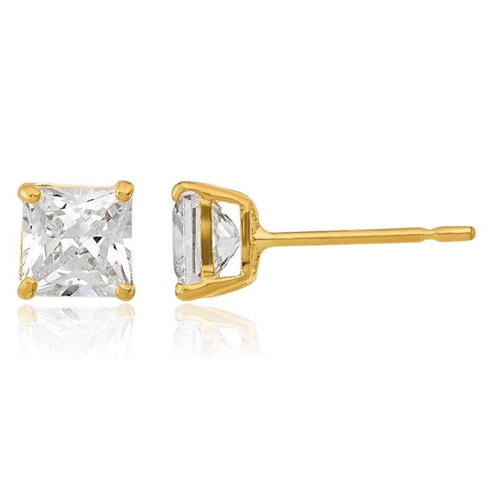 14K Solid Yellow Gold 4mm Square Cubic Zirconia CZ Stud Earrings