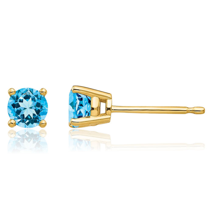 14K Solid Yellow Gold 4mm Swiss Blue Topaz Studs Gemstone Solitaire Earrings December Birthstone Jewelry