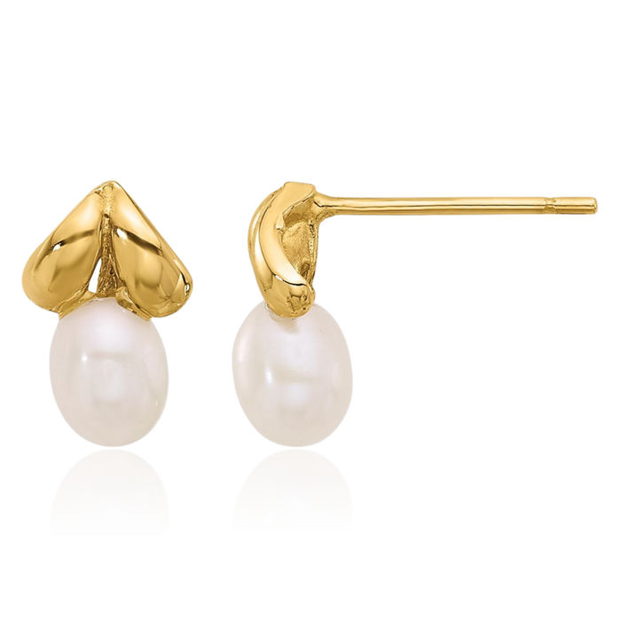 14K Solid Yellow Gold 4mm Teardrop White Freshwater Cultured Pearl Drop Dangle Stud Earrings