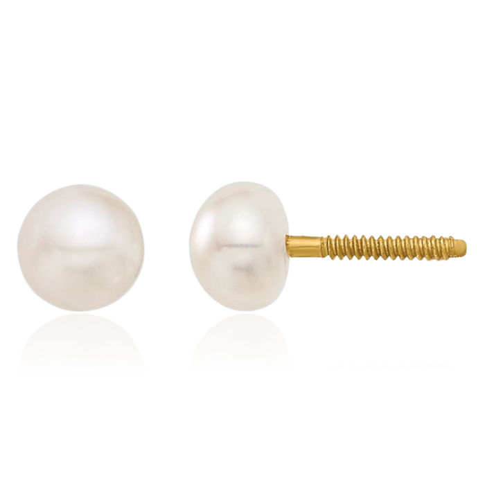 14K Solid Yellow Gold 4mm White Button Freshwater Cultured Pearl Screw Back Stud Earrings