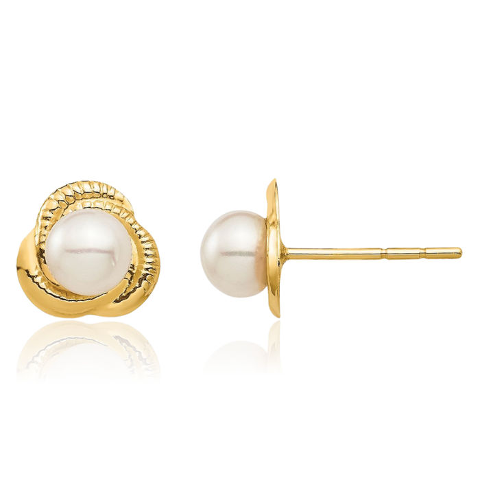 14K Solid Yellow Gold 4mm White Button Freshwater Cultured Pearl Stud Earrings Silicone Backs