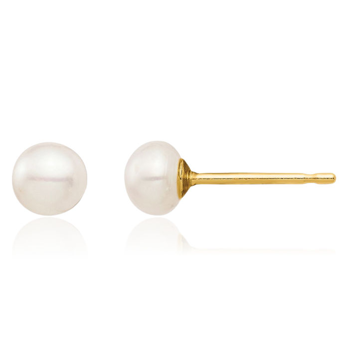 14K Solid Yellow Gold 4mm White Button Freshwater Cultured Pearl Stud Earrings Silicone Backs