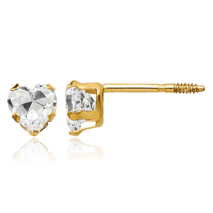 14K Solid Yellow Gold 4mm White Cubic Zirconia CZ Heart Stud Earrings