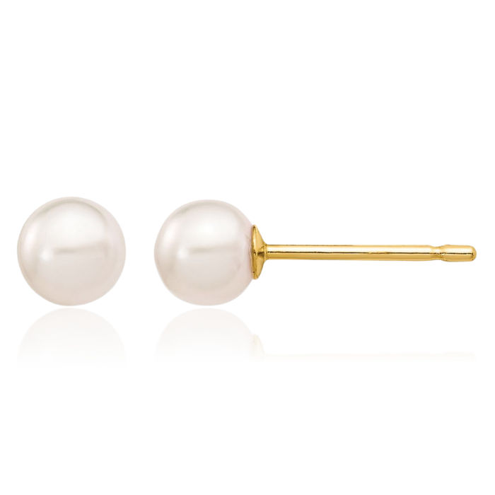 14K Solid Yellow Gold 4mm White Round Akoya Saltwater Cultured Pearl Stud Earrings