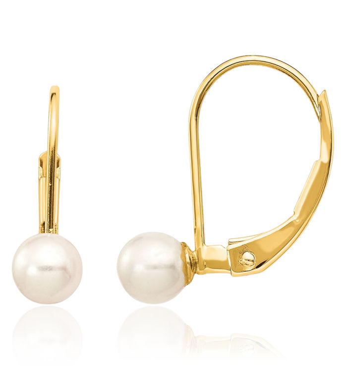 14K Solid Yellow Gold 4mm White Round Freshwater Cultured Pearl Drop Dangle Earrings Gemstone