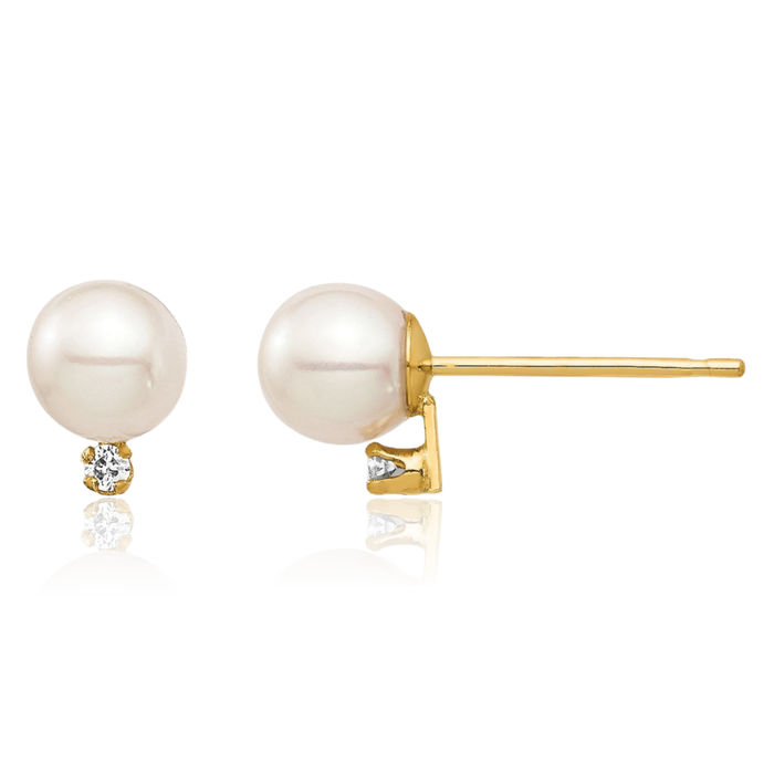 14K Solid Yellow Gold 4mm White Round Freshwater Cultured Pearl Diamond Stud Earrings Silicone Backs