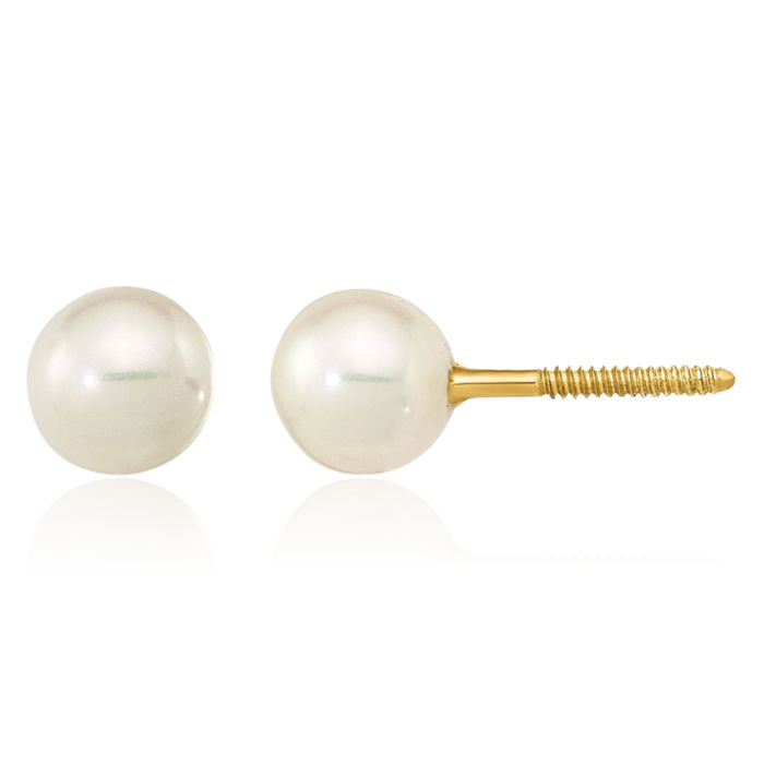 14K Solid Yellow Gold 4mm White Near Round Freshwater Cultured Pearl Screw Back Stud Earrings