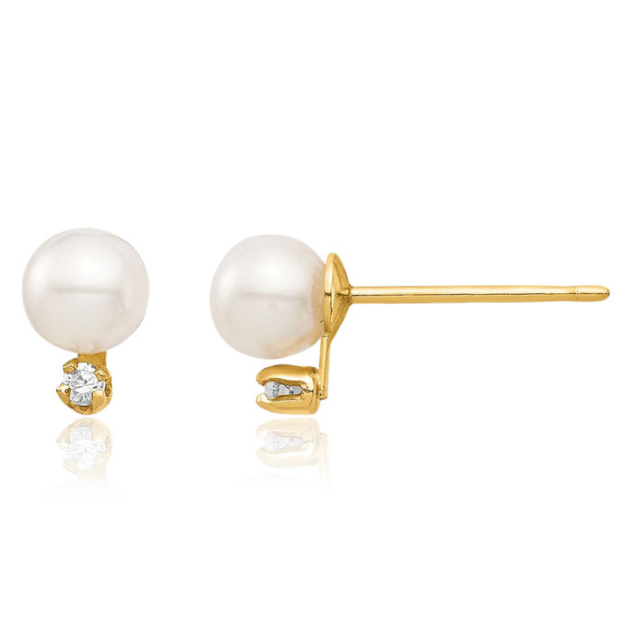 14K Solid Yellow Gold 4mm White Round Freshwater Cultured Pearls Cubic Zirconia CZ Stud Earrings