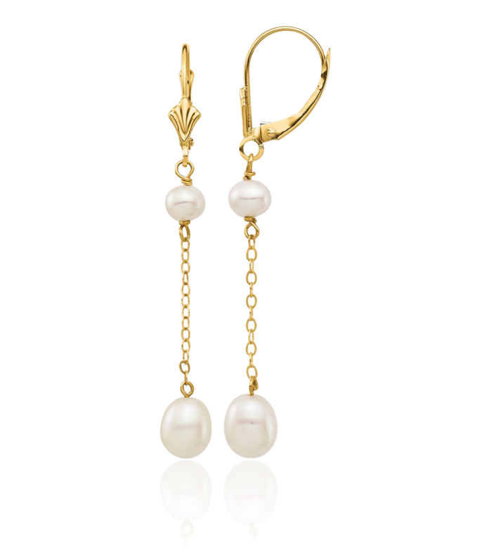 14K Solid Yellow Gold 5 7mm White Rice Round Freshwater Cultured Pearl Drop Dangle Earrings Gemstone