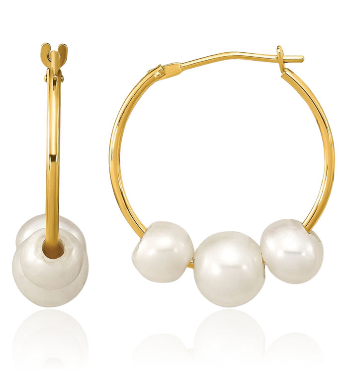 14K Solid Yellow Gold 5 7mm White Round Freshwater Cultured 3 Pearl Medium Hoop Drop Dangle Earrings