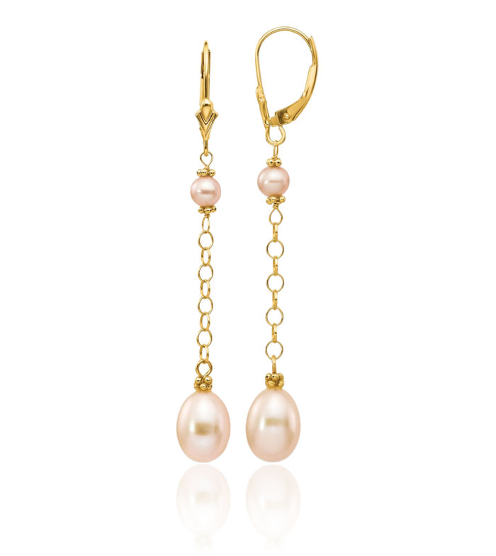 14K Solid Yellow Gold 5 8mm Pink Rice Round Freshwater Cultured Pearl Drop Dangle Earrings