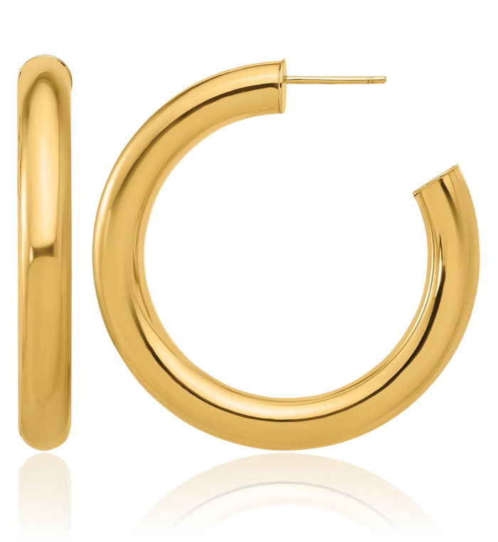 14K Solid Yellow Gold 5.7mm Medium Round Tube Post C Hoop Earrings