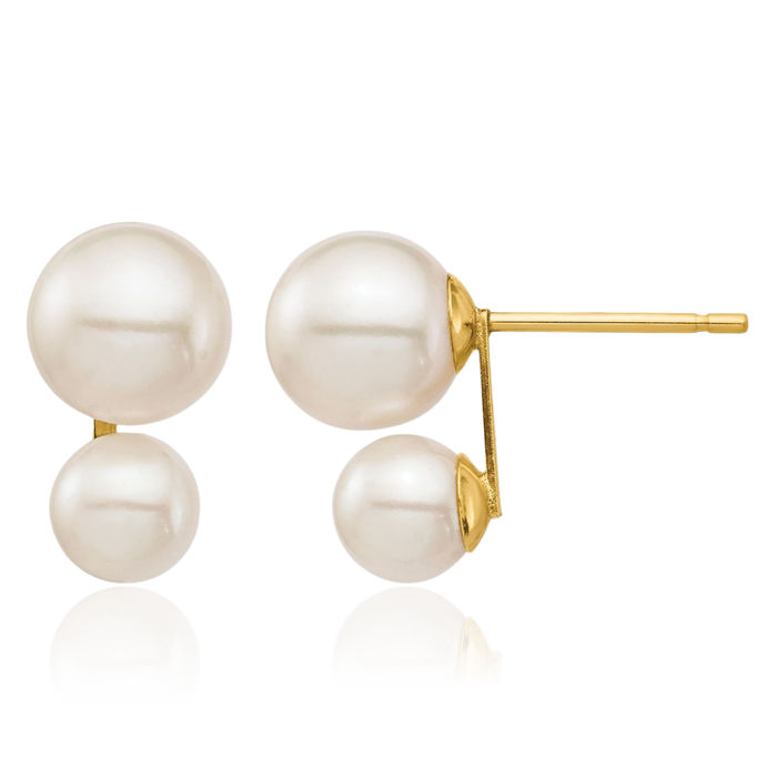 14K Solid Yellow Gold 5mm 7mm White Round Freshwater Cultured Double Pearl Stud Earrings