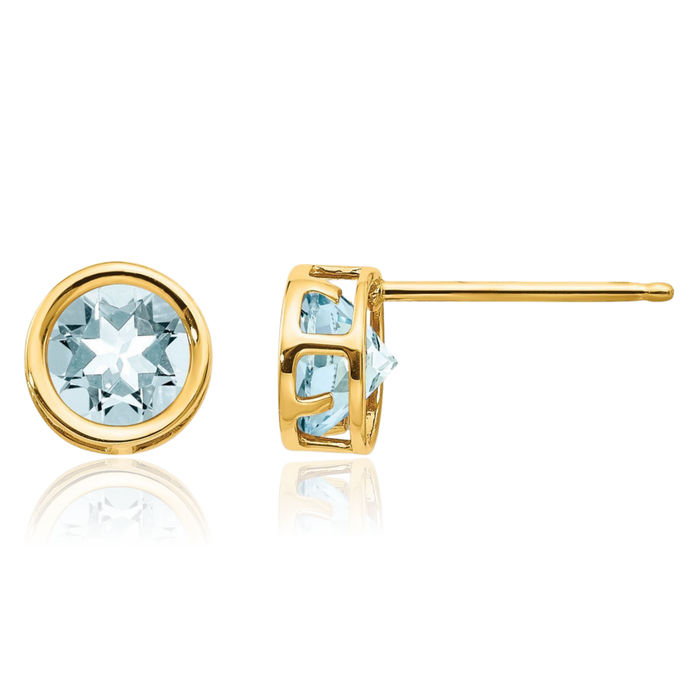 14K Solid Yellow Gold 5mm Blue Aquamarine Studs Gemstone Solitaire Earrings March Birthstone Jewelry