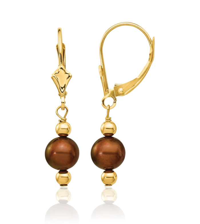 14K Solid Yellow Gold 5mm Brown Round Freshwater Cultured Pearl Drop Dangle Earrings