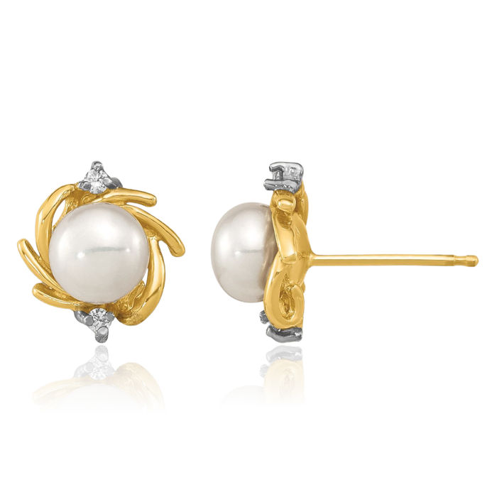 14K Solid Yellow Gold 5mm Button White Freshwater Cultured Pearl Diamond Stud Earrings