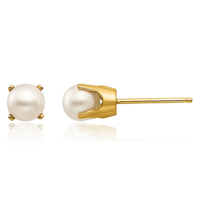 14K Solid Yellow Gold 5mm Freshwater Cultured Pearl Studs Gemstone Solitaire Earrings June Birthstone Jewelry